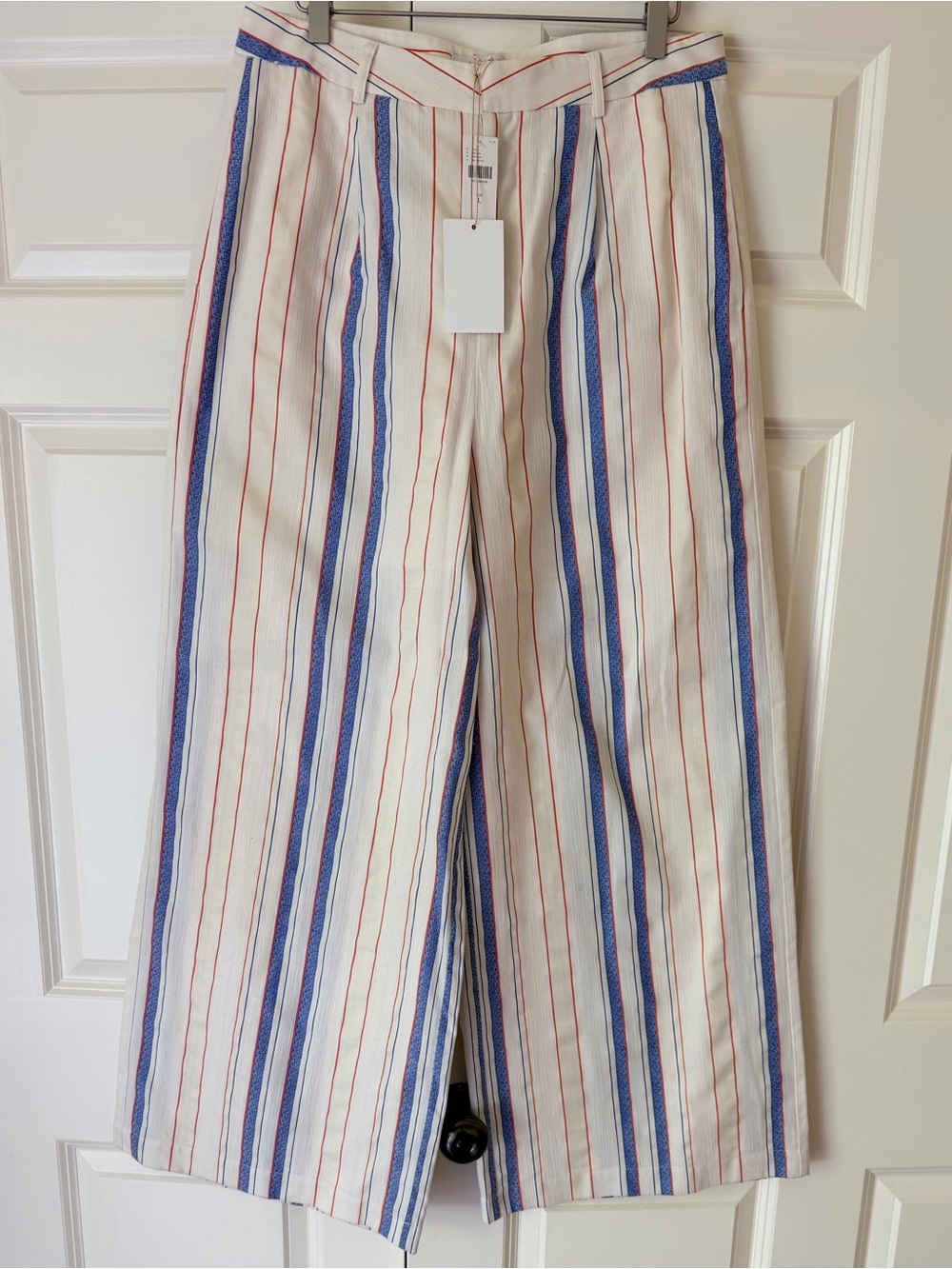 Anthropologie &Layered Striped Wide-Leg Linen Blend Pants - Blue & Red on Cream